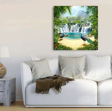 Poster - Green palm branches on the background of a waterfall, 100 x 100 см, Framed poster on glass, Nature
