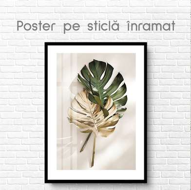 Poster - Gold and green leaf, 60 x 90 см, Framed poster on glass, Botanical