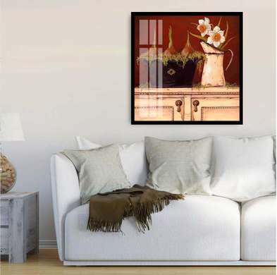 Poster - Șifonierul alb cu flori pe un fundal maroniu, 100 x 100 см, Poster înrămat, Provence