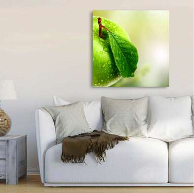 Poster - Green apple close up, 100 x 100 см, Framed poster on glass, Food and Drinks