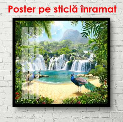 Poster - Green palm branches on the background of a waterfall, 100 x 100 см, Framed poster