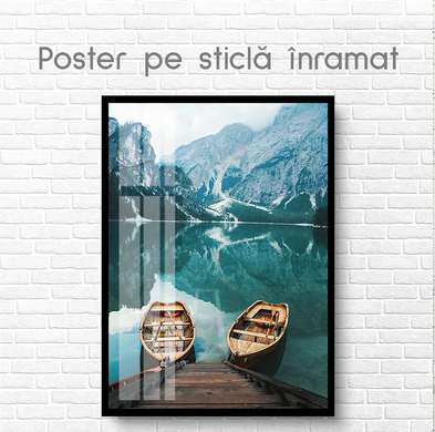 Poster - Boats in the mountains, 60 x 90 см, Framed poster on glass