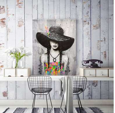 Poster - Girl in a hat, 60 x 90 см, Framed poster on glass, Black & White