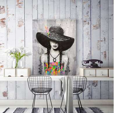 Постер - Девушка в шляпе, 60 x 90 см, Постер на Стекле в раме, Черно Белые