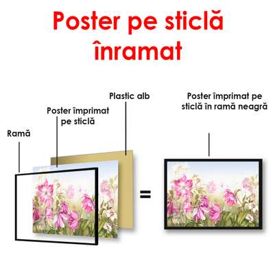 Постер - Розовые цветы на фоне зеленого фона, 90 x 60 см, Постер в раме, Ботаника