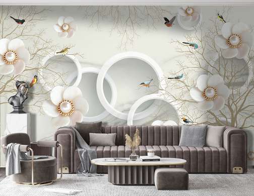 3D Wallpaper - 3D Balloons against the background of trees with birds and delicate brooches in the form of flowers
