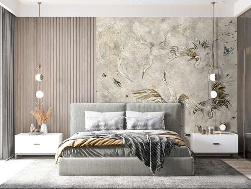 Wall Mural - Flock of birds on a beige background
