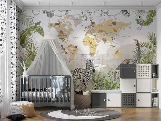 Wall Mural - World map with animals and jungle, in English