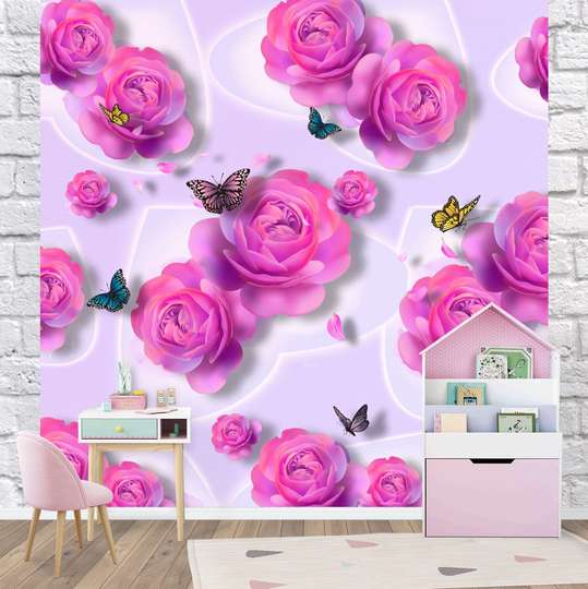 3D Wallpaper - Roses and small butterflies