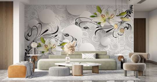 Wall mural- White lilies on a geometric background