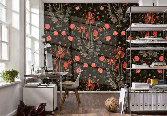 Wall Mural - Red floral print on black background