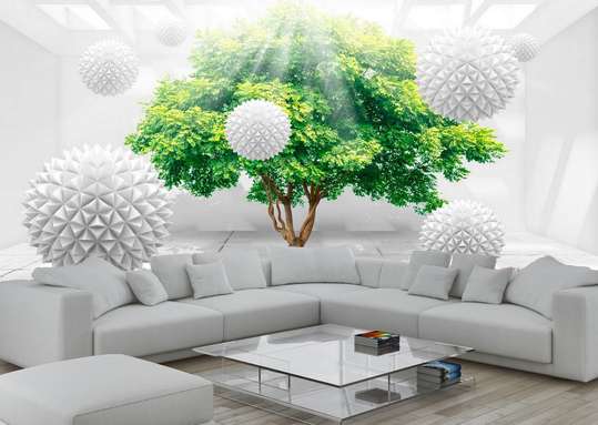 3D Wallpaper - Green tree and white balls.