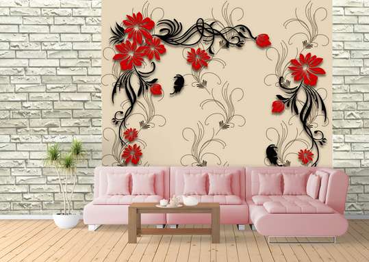 3D Wallpaper - Red flowers on a beige background