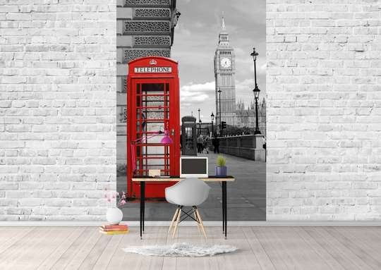 Wall Mural - Red telephone booth and clock tower