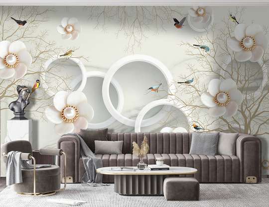 Fototapet 3D, Cercuri 3D pe fundalul copacilor cu păsări și broșe delicate sub formă de flori