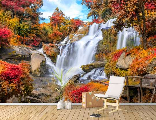 Wall Mural - Rocky waterfall in a bright forest