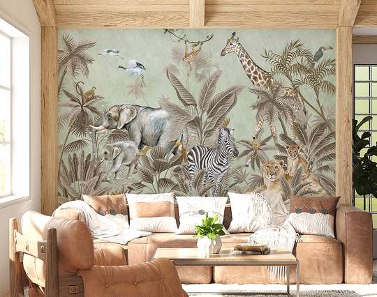 Wall mural - Safari animals in the jungle on a pale green background