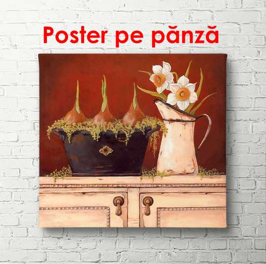 Poster - White chest of drawers with flowers against a brown wall, 100 x 100 см, Framed poster