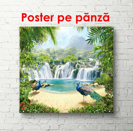Постер - Зеленые пальмовые ветви на фоне водопада, 100 x 100 см, Постер в раме