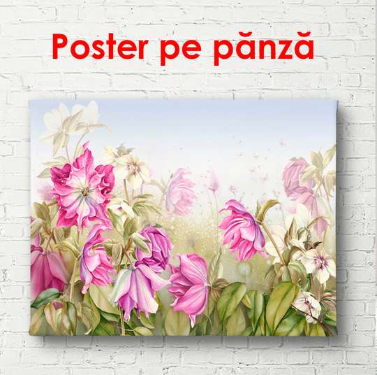Постер - Розовые цветы на фоне зеленого фона, 90 x 60 см, Постер в раме