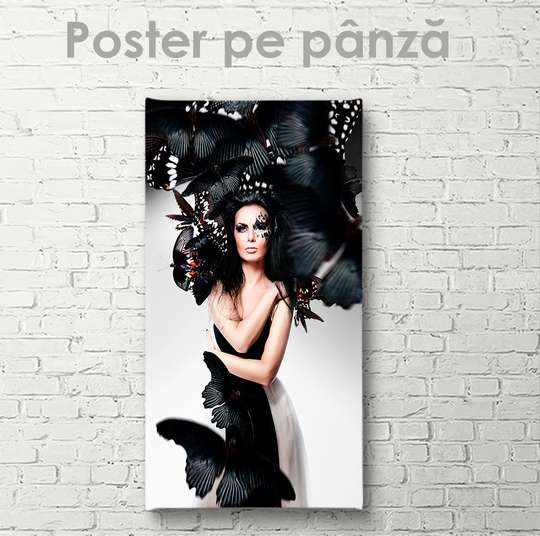 Постер - Девушка среди черных бабочек, 30 x 60 см, Холст на подрамнике