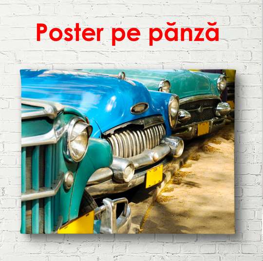 Постер - Ретро автомобили зеленого и голубого цвета, 90 x 60 см, Постер в раме