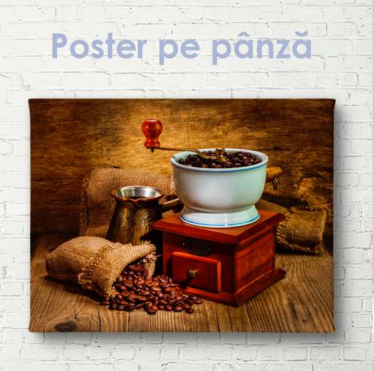 Poster - Grinder and coffee beans, 90 x 60 см, Framed poster on glass