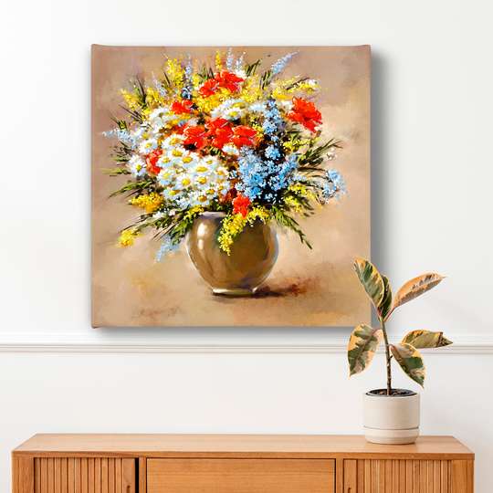 Постер - Горшок с весенними цветами, 100 x 100 см, Постер в раме, Натюрморт