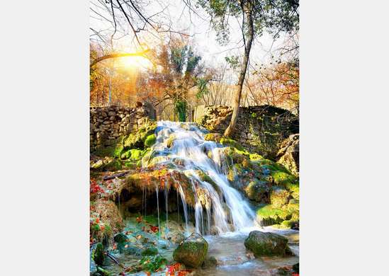 Фотообои - Волшебный водопад против каменной стены и леса