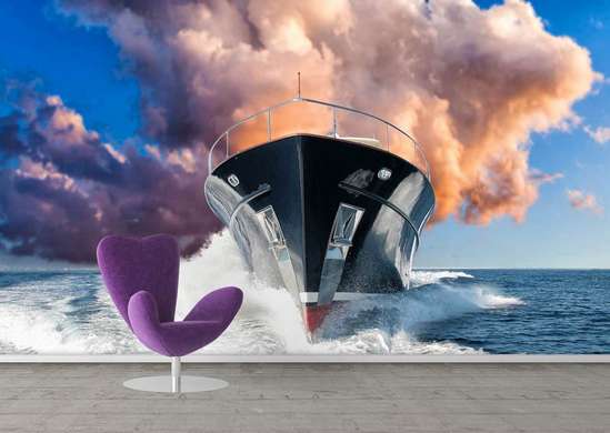 Wall Mural - A huge ship on the background of pink clouds.