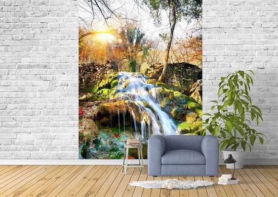 Wall Mural - Magic waterfall against stone wall and forest