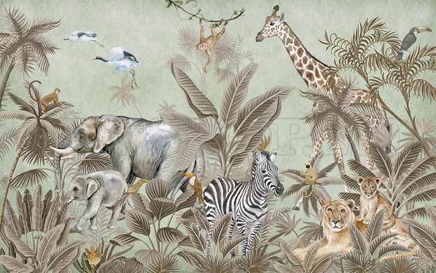 Wall mural - Safari animals in the jungle on a pale green background