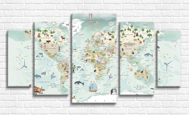 Tablou Pe Panza Multicanvas, Harta lumii pentru copii, 206 x 115