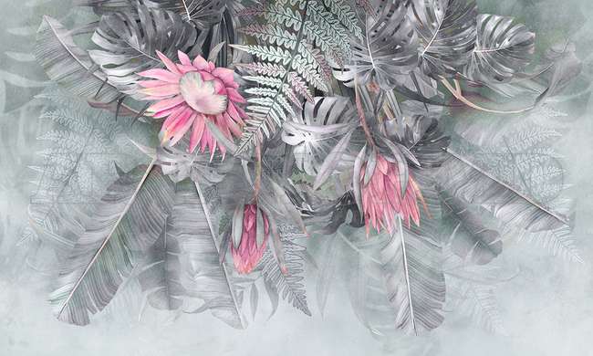 Wall mural - Exotic bouquet with pink flowers in shades of gray