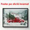 Постер - Красный ретро автомобиль с Рождественской ёлкой, 90 x 60 см, Постер на Стекле в раме
