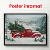 Poster - Red retro car with Christmas tree, 90 x 60 см, Framed poster on glass
