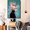 Poster - Lady with pink flowers, 60 x 90 см, Framed poster on glass
