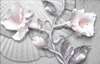 3Д Фотообои - Белые цветы с серебряными листьями на серебряном фоне