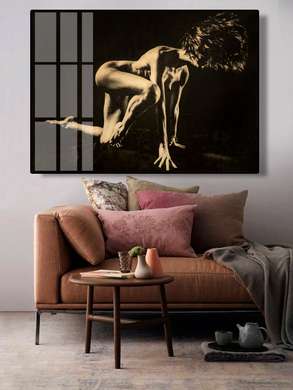 Poster - Siluetă a unei fete pe un fundal negru, 90 x 60 см, Poster inramat pe sticla, Nude