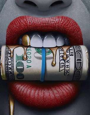 Постер - Красные губы и доллары с золотыми подтеками, 60 x 90 см, Постер на Стекле в раме