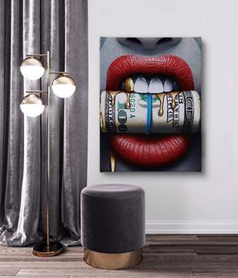 Poster - Red lips and dollars with golden smudges, 60 x 90 см, Framed poster on glass