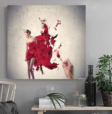 Poster - Fată în rochie roșie, 40 x 40 см, Panza pe cadru, Pictura