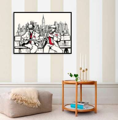 Постер - Графический рисунок музыкантов на скамейке, 90 x 60 см, Постер на Стекле в раме