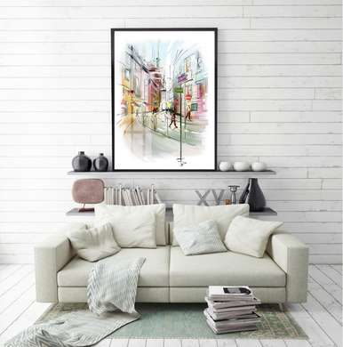 Poster - Acuarelă multicoloră a unui oraș, 60 x 90 см, Poster inramat pe sticla, Orașe și Hărți