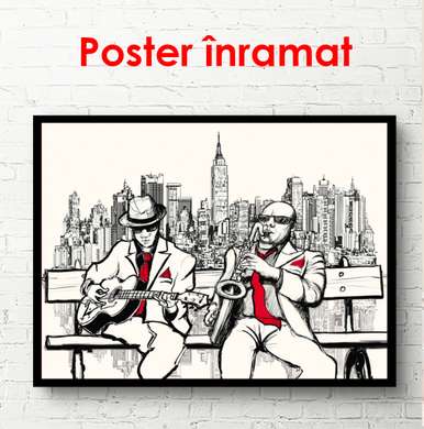 Poster - Desenul grafic al muzicienilor de pe o bancă, 90 x 60 см, Poster inramat pe sticla