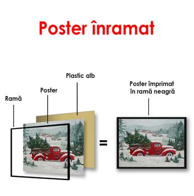 Постер - Красный ретро автомобиль с Рождественской ёлкой, 90 x 60 см, Постер на Стекле в раме