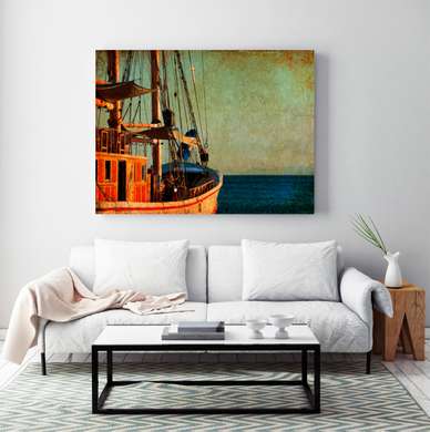 Постер - Ретро фото с кораблем в море, 90 x 60 см, Постер в раме, Винтаж