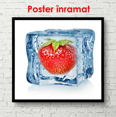 Poster - Strawberries in an ice cube, 100 x 100 см, Framed poster