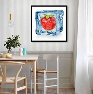 Poster - Căpșuni în cubul de gheață, 100 x 100 см, Poster înrămat, Alimente și Băuturi