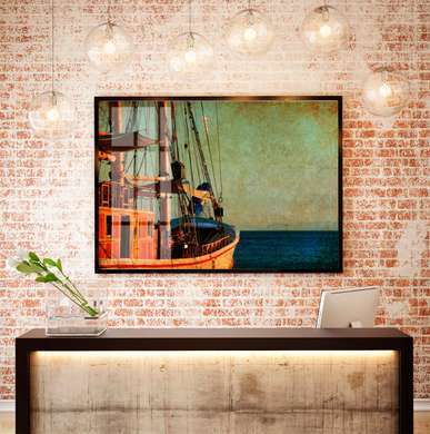 Постер - Ретро фото с кораблем в море, 90 x 60 см, Постер в раме, Винтаж
